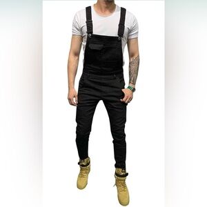NWT LONGBIDA Men's Denim Bib Overalls Slim Fit Jumpsuit with Pockets